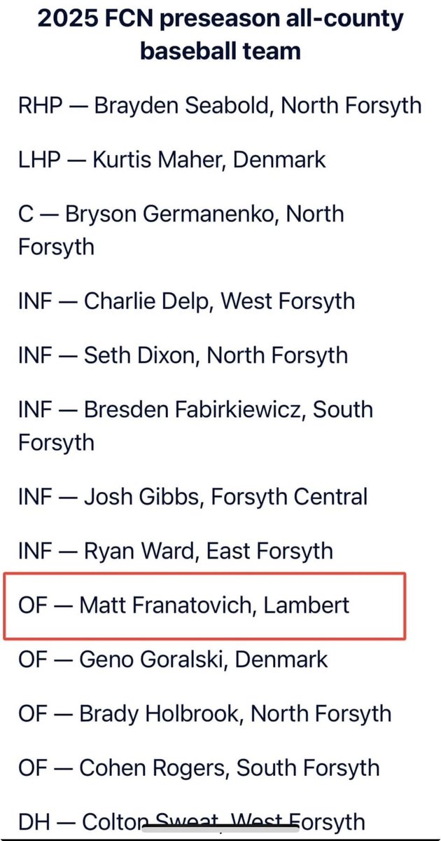 Matthew Franatovich (@matthewfranato1) on Twitter photo Thankful to be picked preseason all county! Looking forward to a great season! <a href="/Hudson_PBR/">Hudson Graham</a> <a href="/RyanDavis3389/">Ryan Davis</a> <a href="/tmeigs37/">Tyler Meigs</a> <a href="/LambertBaseball/">Lambert Baseball</a> Thankful to be picked preseason all county! Looking forward to a great season! <a href="/Hudson_PBR/">Hudson Graham</a> <a href="/RyanDavis3389/">Ryan Davis</a> <a href="/tmeigs37/">Tyler Meigs</a> <a href="/LambertBaseball/">Lambert Baseball</a>