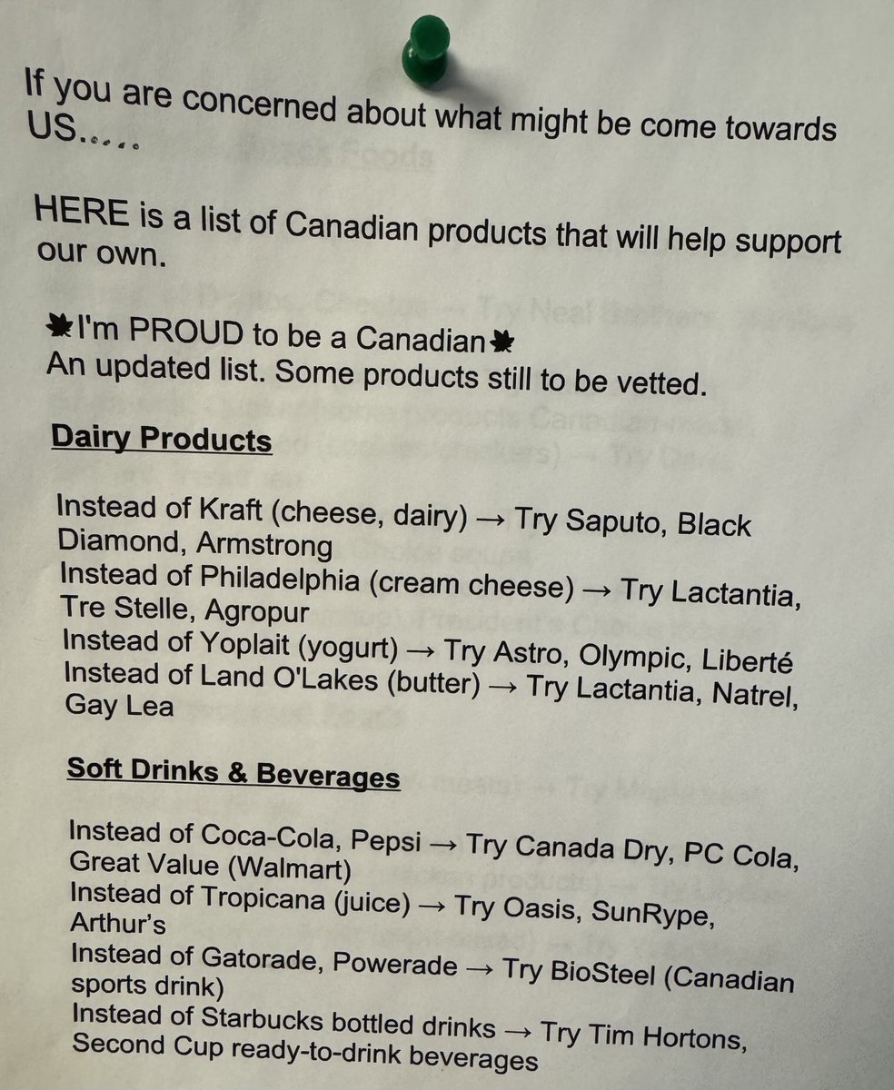 Brilliant. List (5pages) of how to buy Canadian vs American products. Found in my condo building lobby.