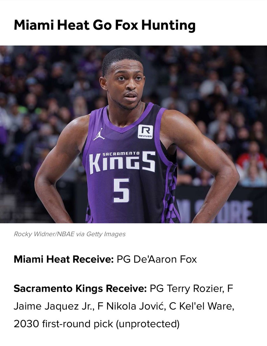 dru_star's tweet photo. New Blockbuster Trade Ideas: Miami Heat Go Fox Hunting (via @BleacherReport)

Miami Heat receive: PG De'Aaron Fox

Sacramento Kings receive: G Terry Rozier, F Jaime Jaquez Jr., F Nikola Jović, C Kel'el Ware, 2030 first-round pick (unprotected)

Source: https://t.co/eHwoVFsfoR https://t.co/lJFY6UBEwy