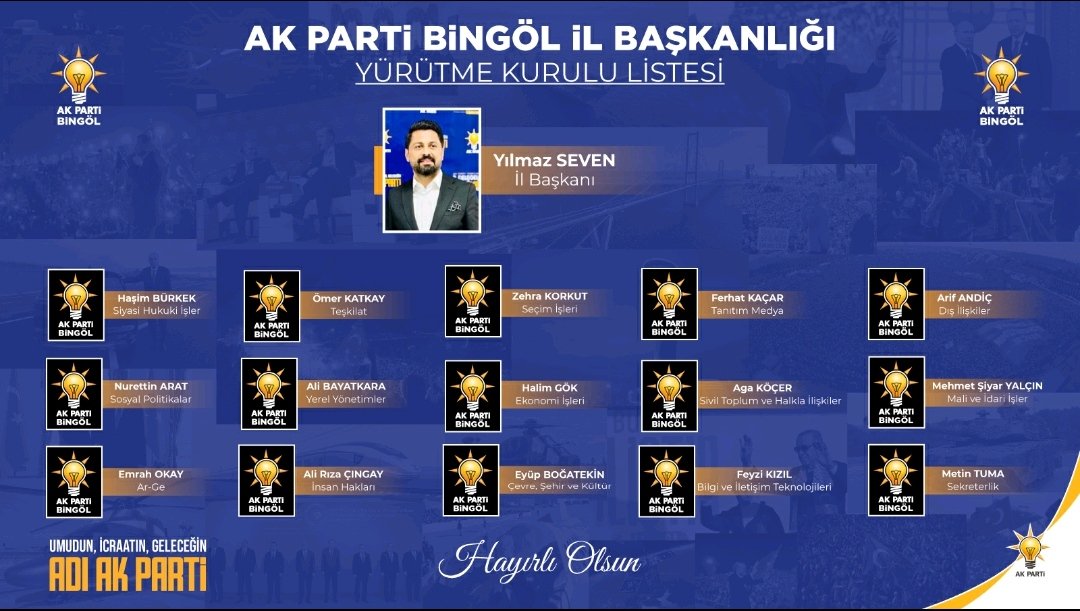 İl Yürütme Kurulu Listemiz. 
Umudun İcraatın Geleceğin Adı <a href="/Akparti/">AK Parti</a> <a href="/yilmaz_seven/">Av. Yılmaz SEVEN</a>