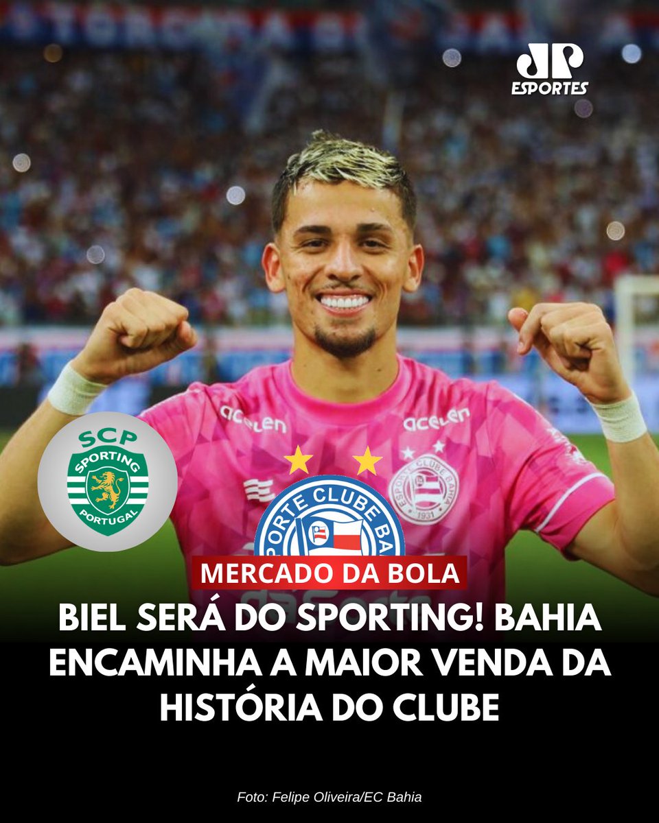 JovemPanEsporte's tweet photo. 💰🇵🇹 VAI PRA PORTUGAL! O atacante Biel já está a caminho da Europa para realizar os exames médicos. A transação será de 8 milhões de euros (R$48 milhões).

#biel #bahia #bahea #sporting #mercadodabola https://t.co/Ccx9h48v9x