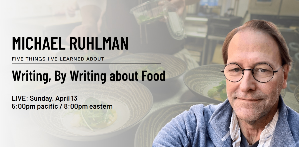 Coming to Five Things on Sunday, April 13th: Michael Ruhlman – best-selling writer of more than 30 books of non-fiction, fiction, memoir and cookbooks – shares the Five Things He's Learned about Writing, By Writing about Food.

Learn more. Get ticket: myfivethings.com/class/michael-…