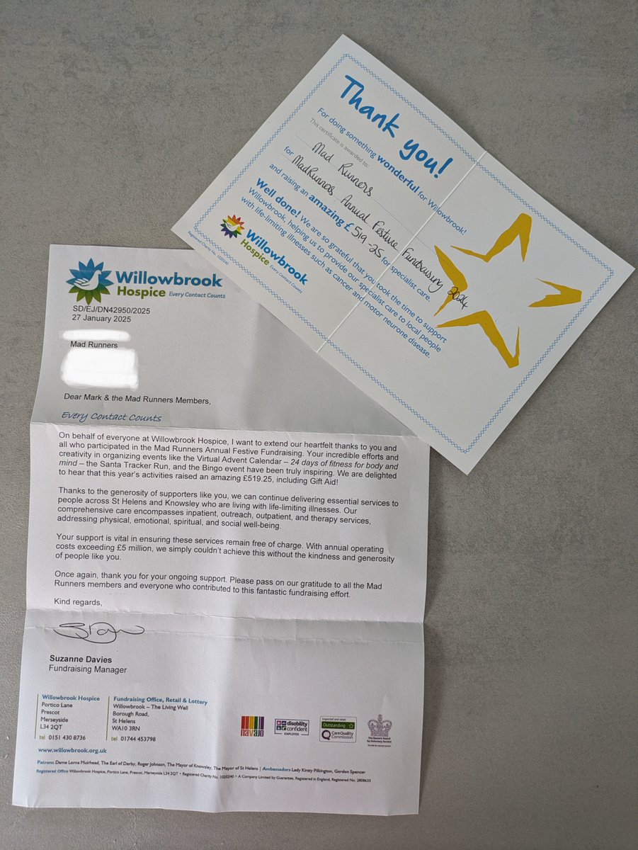 Wow! A huge THANK YOU for helping us raise £519.25 in December. We fundraise for <a href="/wbhospice/">Willowbrook Hospice</a>
each Christmas and this is our best total yet 💚
PS Fellow runners will understand the importance of rounding up miles on a run so don't ask how we've ended up with an odd amount £££ 🤦🏻‍♀️