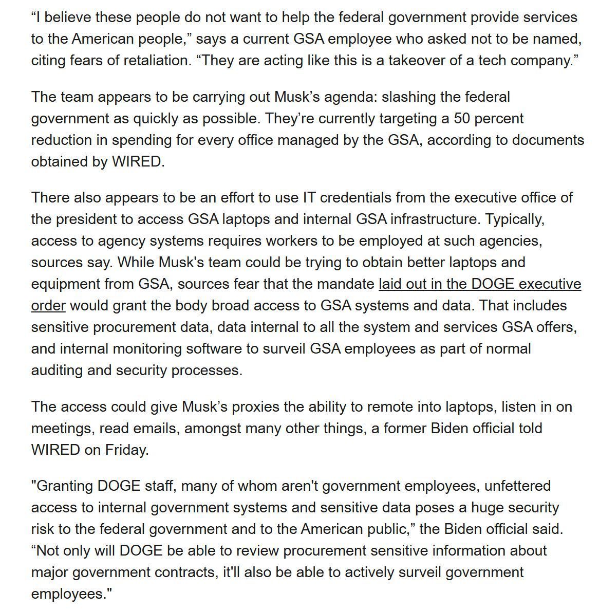 ericgeller's tweet photo. "Elon Musk’s minions ... [are] attempting to use White House security credentials to gain unusual access to GSA tech, deploying a suite of new AI software, and recreating the office in X’s image, according to leaked documents obtained by WIRED." https://t.co/XHHfwTeASR https://t.co/Qbr0sLpOr1