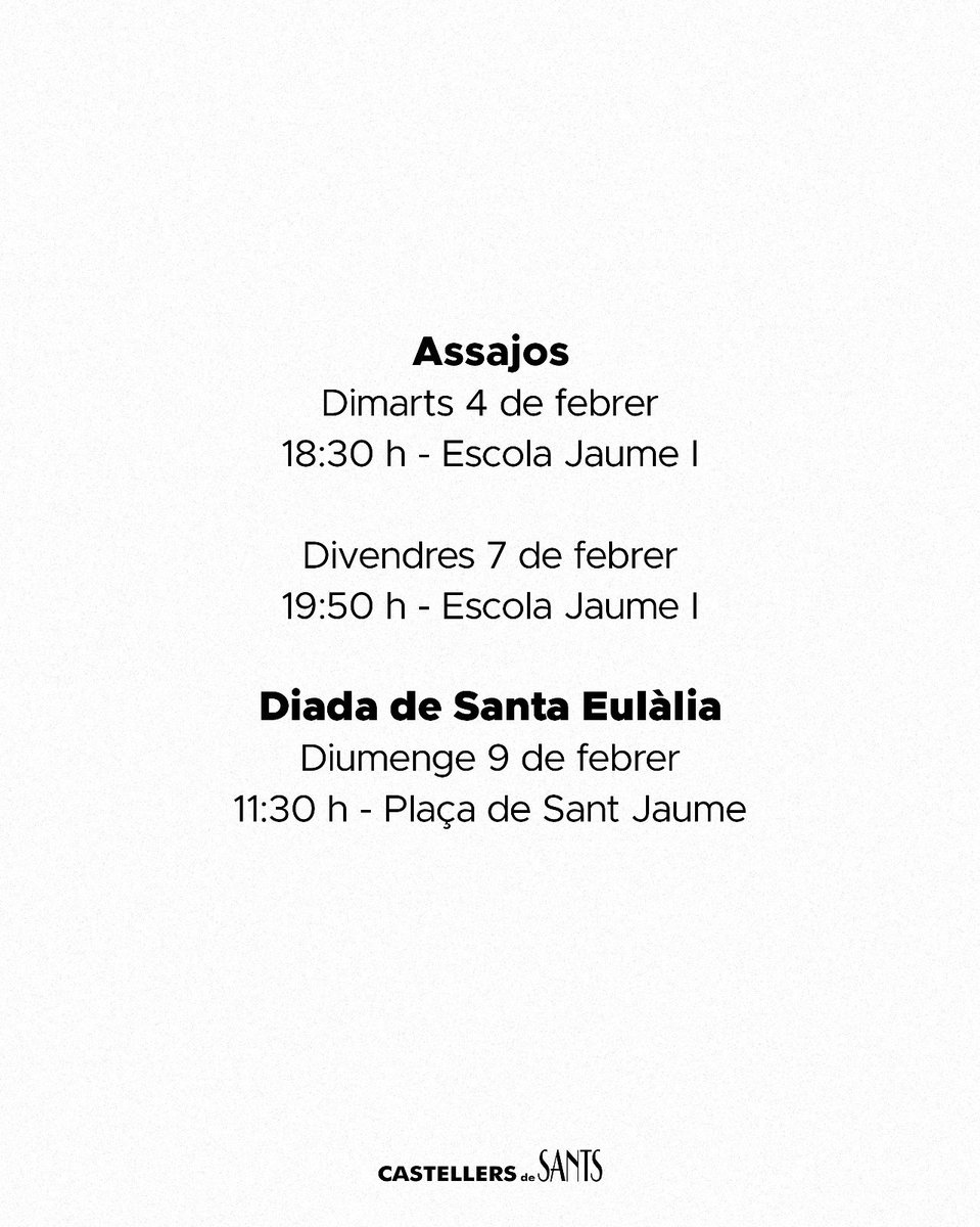 Aquesta pròxima setmana tornem a arrencar temporada! 🥳

Ens veiem als assajos de dimarts i divendres per preparar l'actuació de Santa Eulàlia! 💪🏽