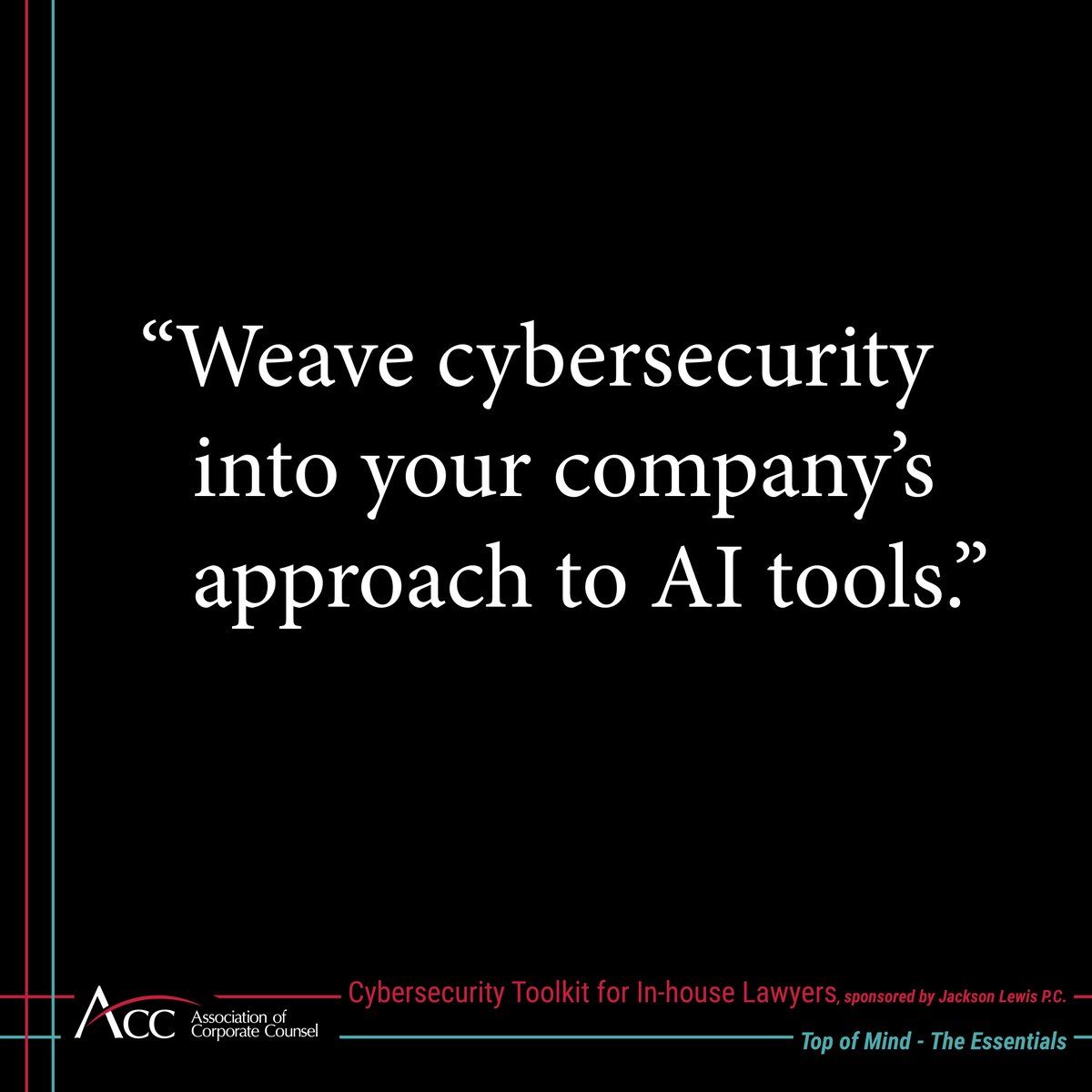 Association of Corporate Counsel (@accinhouse) on Twitter photo Stay ahead of evolving cyber threats with the new #Cybersecurity Toolkit from ACC and <a href="/JacksonLewisPC/">Jackson Lewis P.C.</a> 🛡️
Download: acc.com/resource-libra…
#AI #DataProtection Stay ahead of evolving cyber threats with the new #Cybersecurity Toolkit from ACC and <a href="/JacksonLewisPC/">Jackson Lewis P.C.</a> 🛡️
Download: acc.com/resource-libra…
#AI #DataProtection