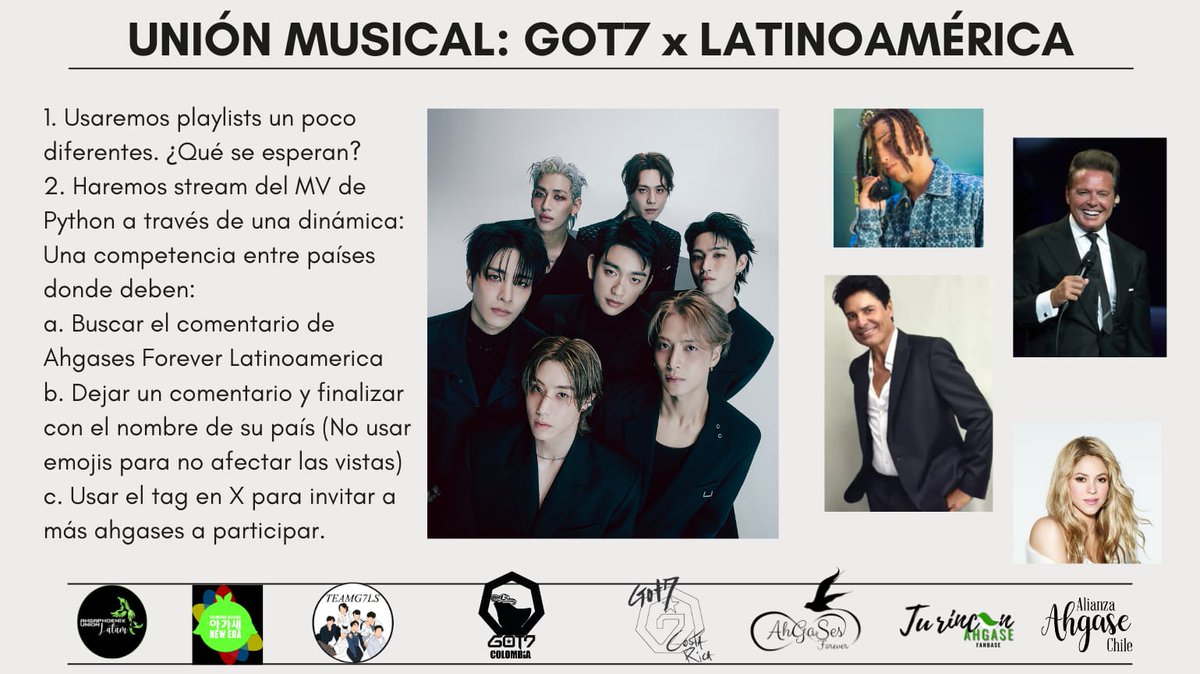 ahga_latam's tweet photo. UNIÓN MUSICAL: GOT7 X LATAM

¡Ahgases el momento ha llegado y estamos listos para una fiesta muy latina con GOT7!

Tenemos una playlist lista para ustedes 

https://t.co/35C7tR9DYx…

Saquemos nuestros mejores pasos de baile 🕺🏻💃🏻🪩

GOT7 x LATAM
#PythonasLatam
#GOT7 https://t.co/mkh9kdIWQ0