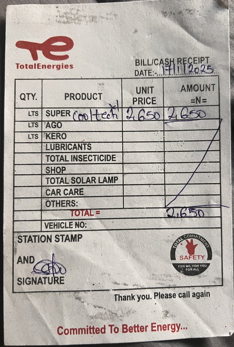 airsay's tweet photo. @TotalEnergiesNG really? Your outlets call this a "receipt"? Where was this transaction done? What's the document ID for cross reference with your records? What would stop an unscrupulous person (read that as driver) from faking this. Definitely not Global standard https://t.co/UI6Qz39cun