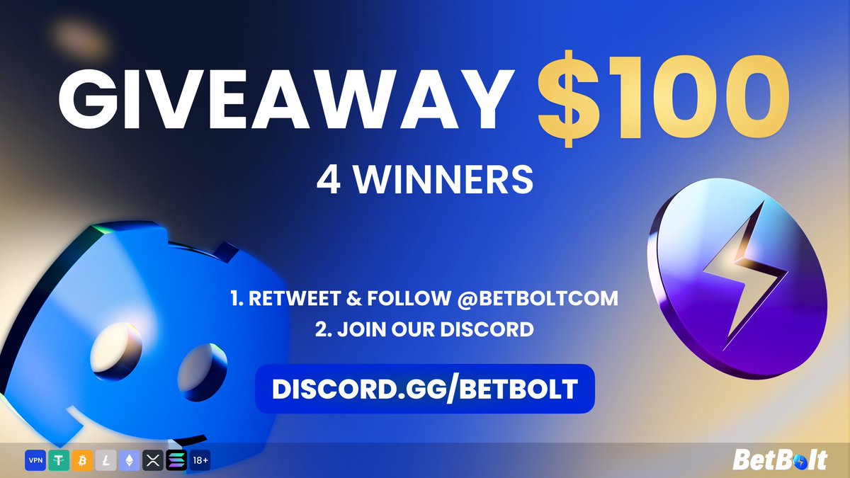 🔥100$  GIVEAWAY ( 4 Winners 25$)🔥

☑️Follow @betboltcom , and me
☑️Like &amp; Retweet
☑️Join discord.gg/betbolt ( SHOW PROOF)

Ends in 7 days!
Goodluck 🍀