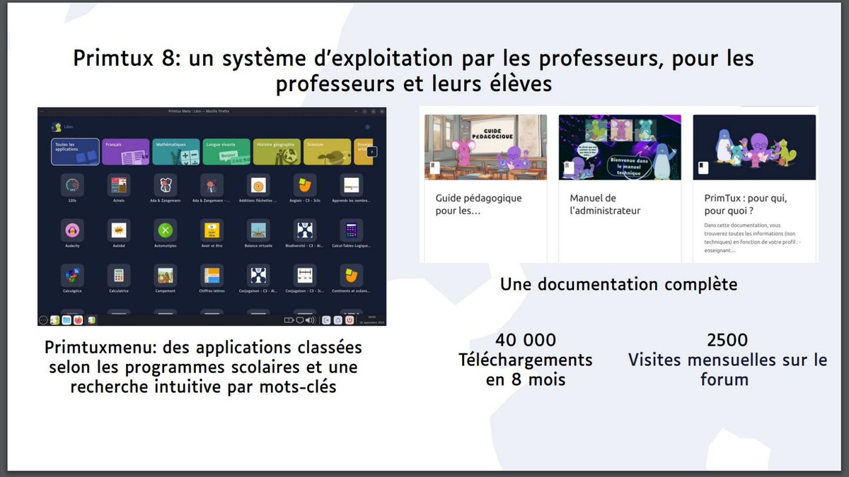 Commençons par rappeler les 2 lauréats 2024
1 PrimTux : un système d'exploitation libre par les professeurs, pour les professeurs et leurs élèves
primtux.fr
- dépôt sur la forge
forge.apps.education.fr/primtux
- développé par <a href="/PrimTux_Team/">PrimTux</a>