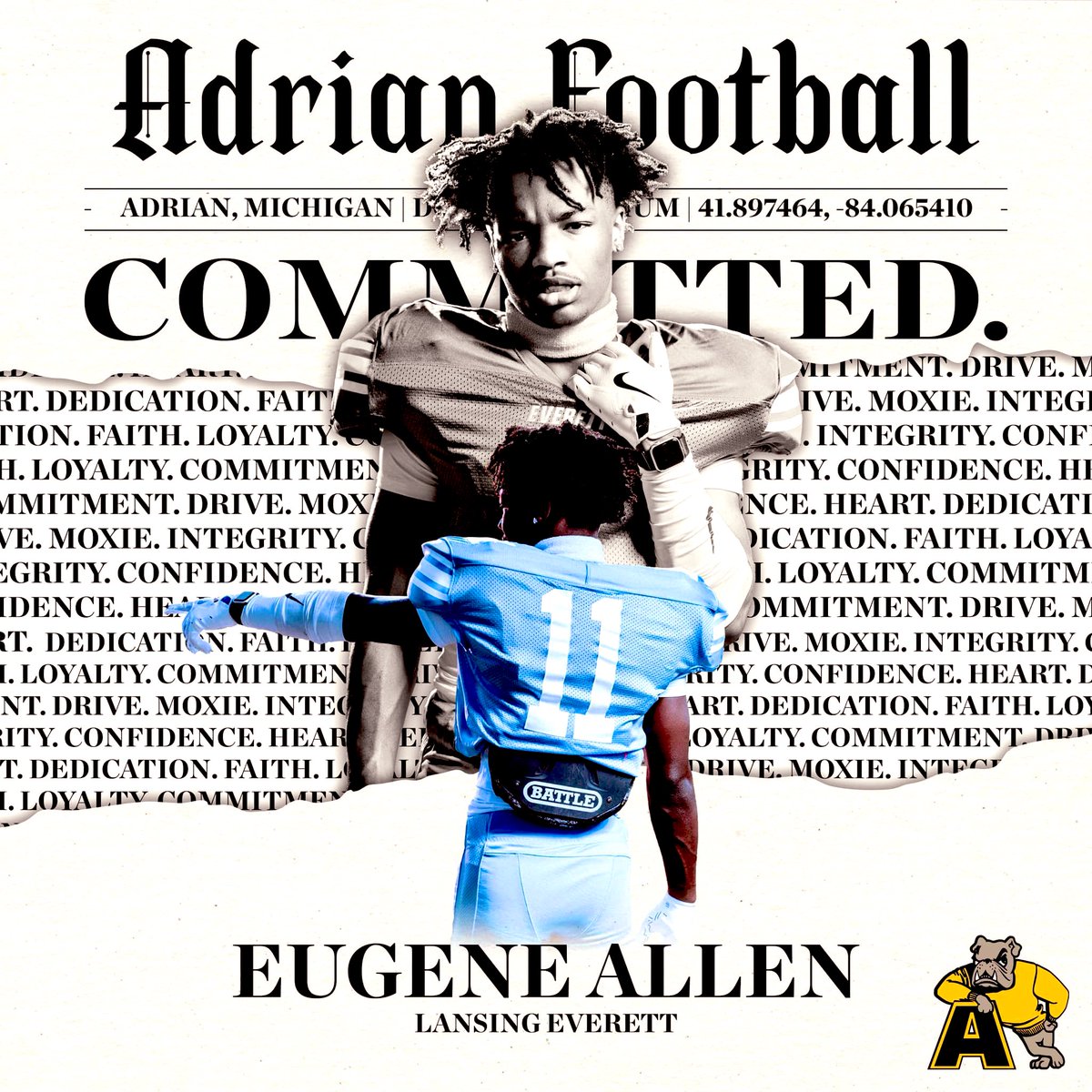 Eugene allen jr (@eugene_allen24) on Twitter photo Excited to announce that I’ll be continuing my academic and athletic career as a bulldog #AGTG #Committed <a href="/jaleelcanty/">Coach Canty</a> <a href="/EverettVikingFB/">Lansing Everett Football</a> <a href="/KujawaKenny/">Kenny Kujawa</a> <a href="/CoachLeek0404/">Coach Edwards</a> <a href="/AdrianCollegeFB/">Adrian College Football</a> Excited to announce that I’ll be continuing my academic and athletic career as a bulldog #AGTG #Committed <a href="/jaleelcanty/">Coach Canty</a> <a href="/EverettVikingFB/">Lansing Everett Football</a> <a href="/KujawaKenny/">Kenny Kujawa</a> <a href="/CoachLeek0404/">Coach Edwards</a> <a href="/AdrianCollegeFB/">Adrian College Football</a>