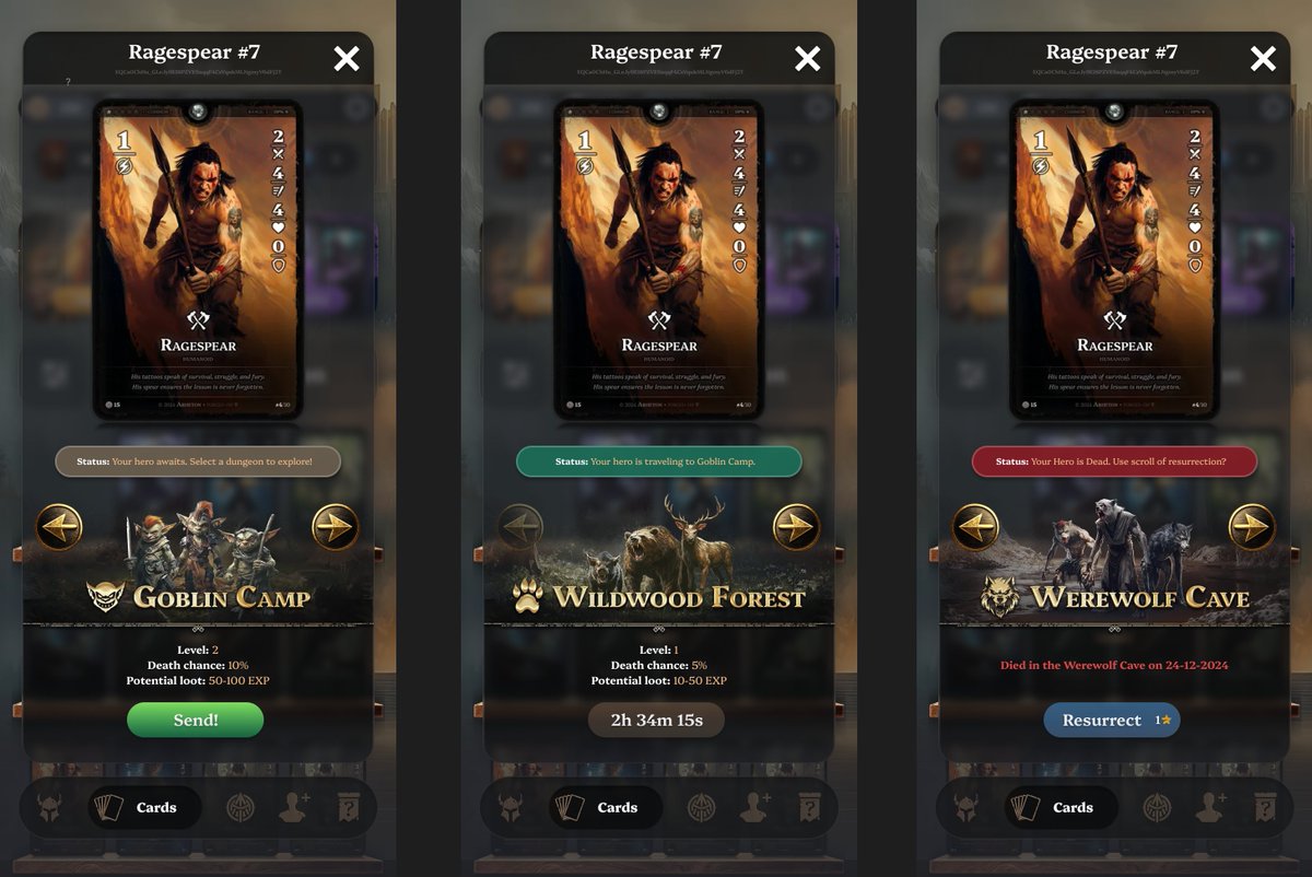 arheton's tweet photo. 🏰 New Dungeon System in the Works!

A lot can still change, but we’re slowly getting closer to the goal. What do you think? 🤔

What about adding card stats? Imagine tracking how many times a card has fallen, how many dungeons it has conquered, and more!

We’re also considering a player ranking and a separate ranking for cards. Let us know your thoughts! ⚔️🐉