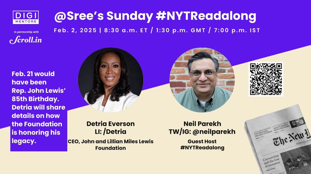 Digimentors (@digimentors) on Twitter photo It's happening tomorrow! <a href="/neilparekh/">Neil Parekh (He / Him / His)</a> guest hosts <a href="/Sree/">Sree Sreenivasan (Bsky ·Threads: @sreenet)</a>'s Sunday #NYTReadalong. Detria Everson, CEO of <a href="/johnlewisorgs/">John and Lillian Miles Lewis Foundation</a> will discuss the #JohnLewisSelfie campaign. Watch live or later. For more info and links to livestreams: digimentors.group/post/nytreadal… It's happening tomorrow! <a href="/neilparekh/">Neil Parekh (He / Him / His)</a> guest hosts <a href="/Sree/">Sree Sreenivasan (Bsky ·Threads: @sreenet)</a>'s Sunday #NYTReadalong. Detria Everson, CEO of <a href="/johnlewisorgs/">John and Lillian Miles Lewis Foundation</a> will discuss the #JohnLewisSelfie campaign. Watch live or later. For more info and links to livestreams: digimentors.group/post/nytreadal…