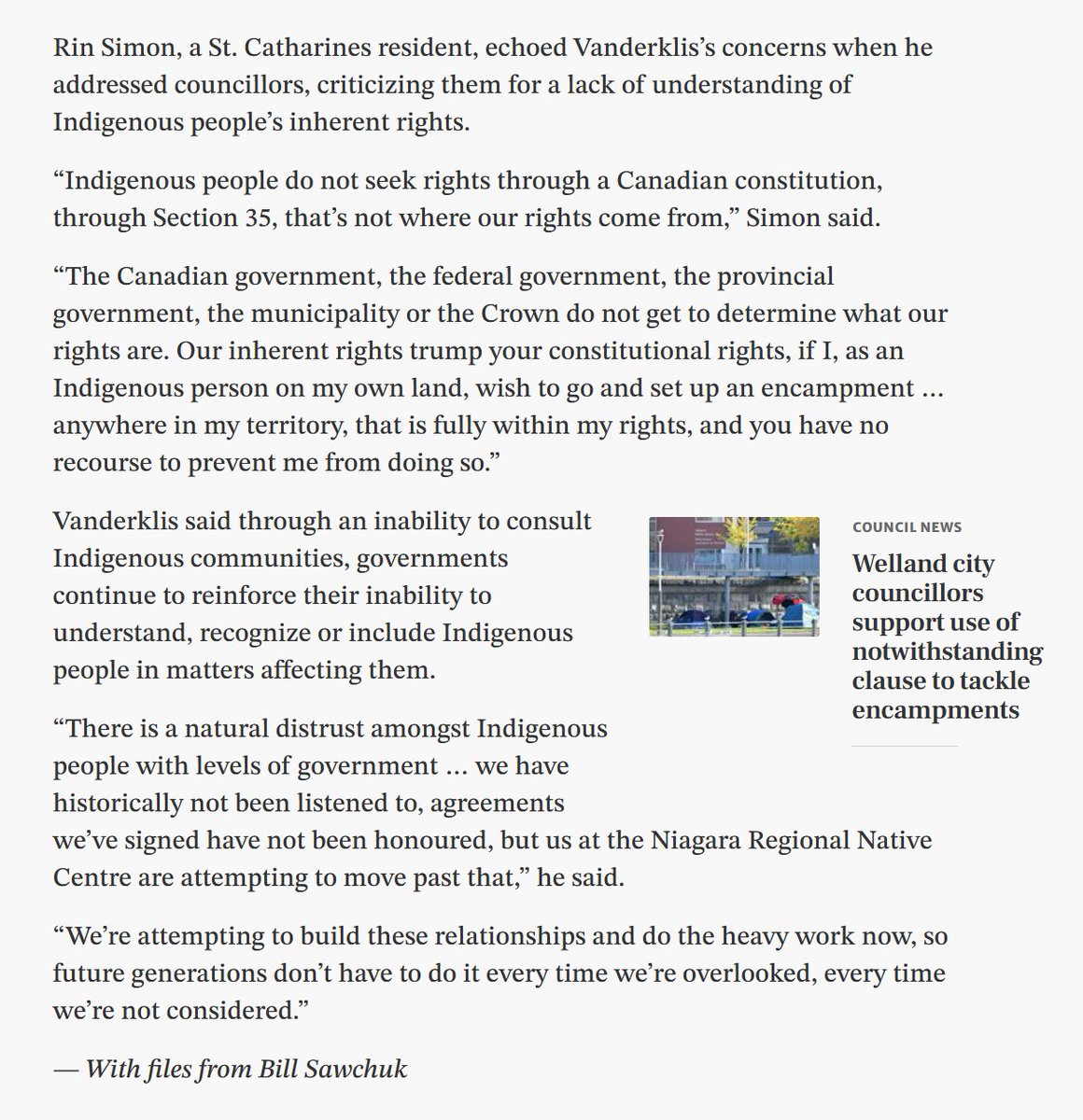Coverage of <a href="/SeanVanderklis/">Sean Vanderklis</a> President of NRNC and <a href="/rin_simon/">ᐋᓐᑌᒃ • ᐱᓀᔑᐧᐋᐯ • Crow</a> on how Indigenous people have clearly spoken out on the issue of using the notwithstanding clause to remove encampments of the unhoused, nearly 30% of whom are #Indigenous in #Niagara

stcatharinesstandard.ca/news/niagara-r…