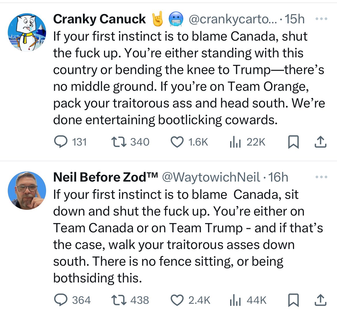 Perfect example of what’s happening to people on Social Media. Quit engaging people in this kind of rhetoric, these are bots likely run by the same person or country wanting to divide us. The top account is a liberal supporting the bottom is conservative #canada  #Canpoli