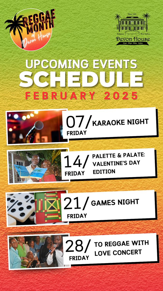 Feel the vibes at Devon House this #ReggaeMonth! 🎶🇯🇲 Join us all February for Karaoke Night, Palette &amp; Palate: Valentine’s Day Edition, Jamaican Games Night, and experience the rhythm at To Reggae with Love – our Reggae Concert! 🔥🎤🎨🎲