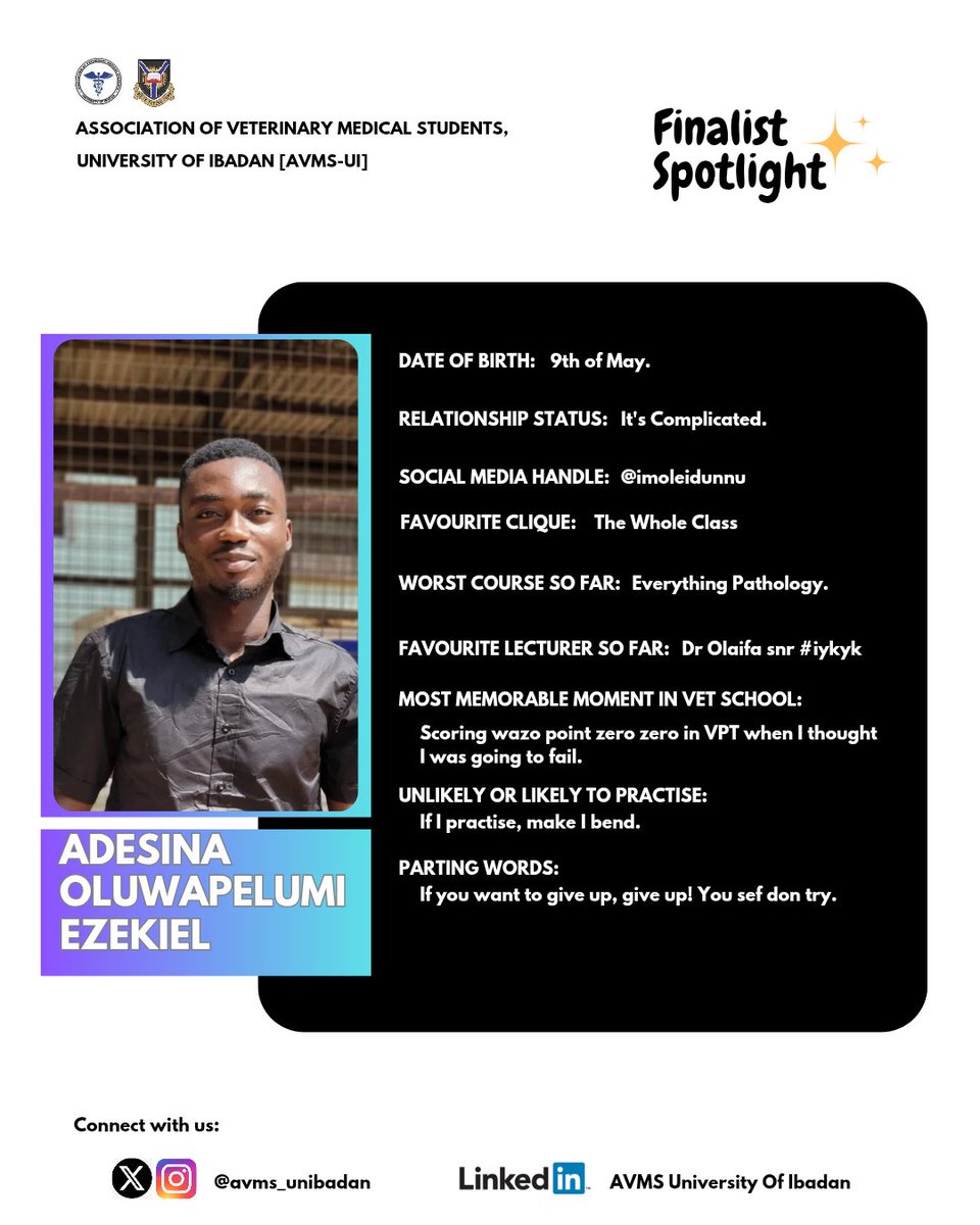 Avms_unibadan's tweet image. From cherished cliques to inspiring parting words, each story highlights their dedication 💪🏾 and passion ♨️.

Join us as we honor their incredible journeys and beckon outstanding veterinary careers.

#AVMSUI #FinalistSpotlight #FutureVets

© AVMS-UI PR Committee
