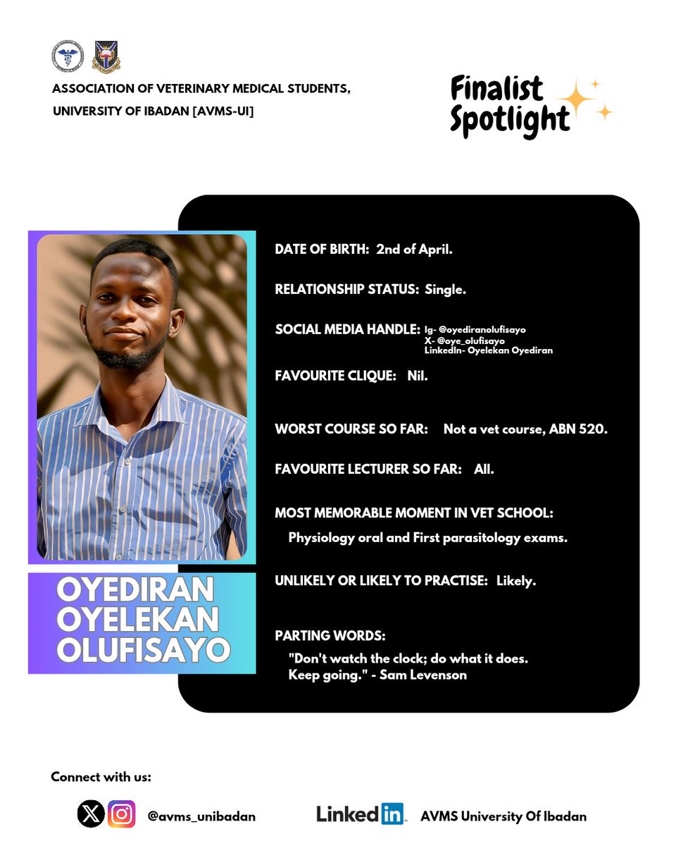 Avms_unibadan's tweet image. From cherished cliques to inspiring parting words, each story highlights their dedication 💪🏾 and passion ♨️.

Join us as we honor their incredible journeys and beckon outstanding veterinary careers.

#AVMSUI #FinalistSpotlight #FutureVets

© AVMS-UI PR Committee