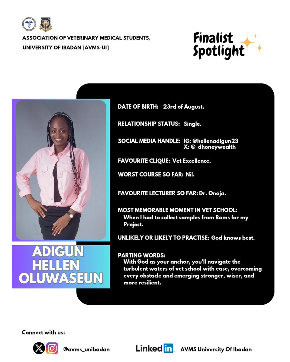 Avms_unibadan's tweet image. From cherished cliques to inspiring parting words, each story highlights their dedication 💪🏾 and passion ♨️.

Join us as we honor their incredible journeys and beckon outstanding veterinary careers.

#AVMSUI #FinalistSpotlight #FutureVets

© AVMS-UI PR Committee