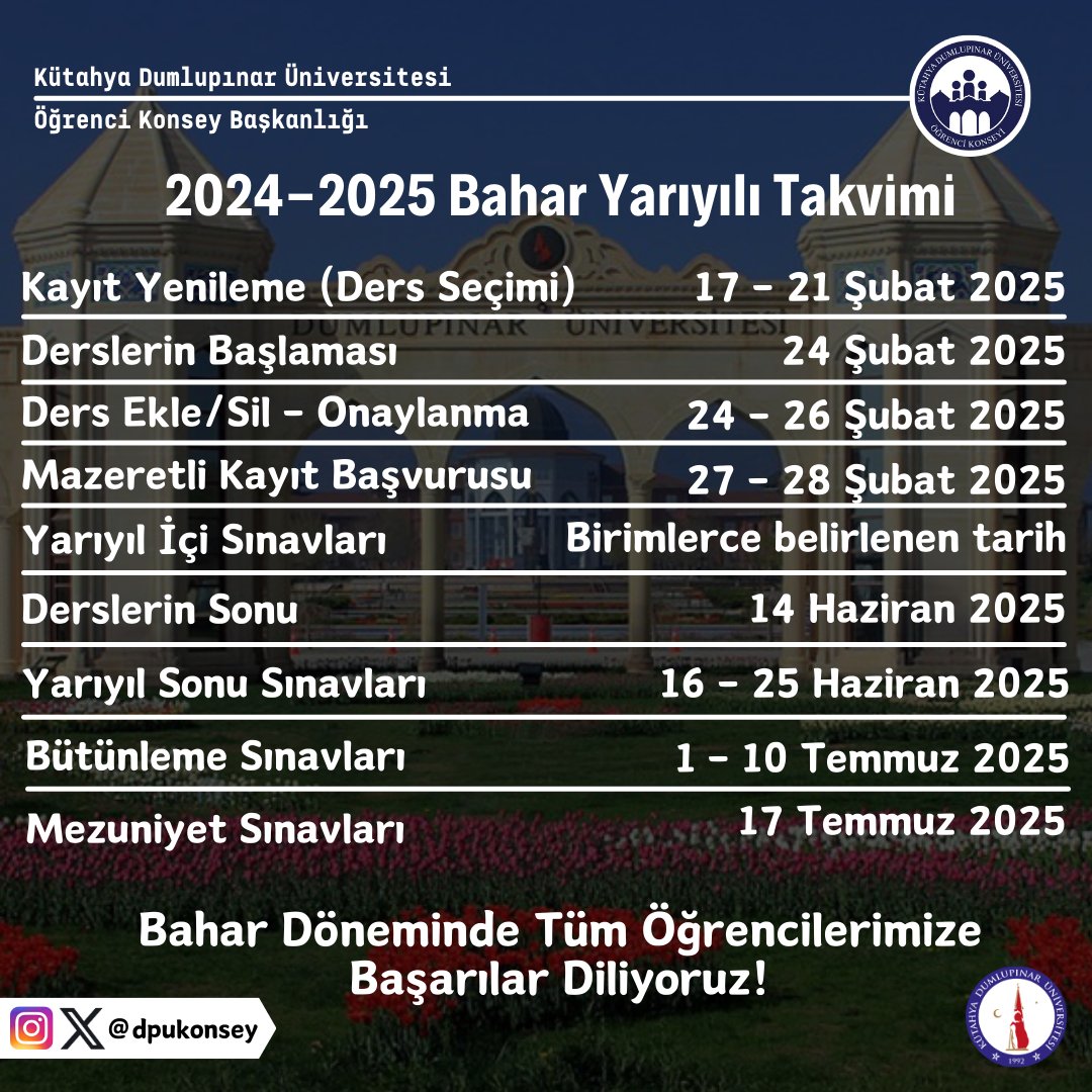 2024-2025 Bahar Yarıyılı Akademik Takvimi 📅

Tüm öğrencilerimize Bahar Döneminde başarılar diliyoruz! ✨️