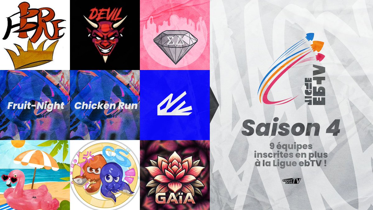 On s'arrête pas en si bon chemin ! Voici 9 nouvelles équipes inscrites pour la Saison 4 de la #LigueEBTV !
Bienvenue 👋

📝 Fin des inscriptions demain, vous trouverez le lien dans les posts cités ⬇️