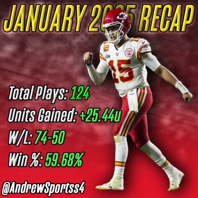 AndrewSportss4's tweet photo. 🗓️ January 2025 - Recap 💼

DMING EVERYONE THAT 𝐑𝐄𝐓𝐖𝐄𝐄𝐓𝐒 AND 𝐑𝐄𝐏𝐋𝐈𝐄𝐒 MY FULL CARD TODAY 🤝

• Total Plays: 124
• Units gained: (+25.44u) 
• W/L: 74-50 
• Win %: 59.68%

Must be FOLLOWING 🚀
@AndrewSportss4 https://t.co/9ibodfIADb