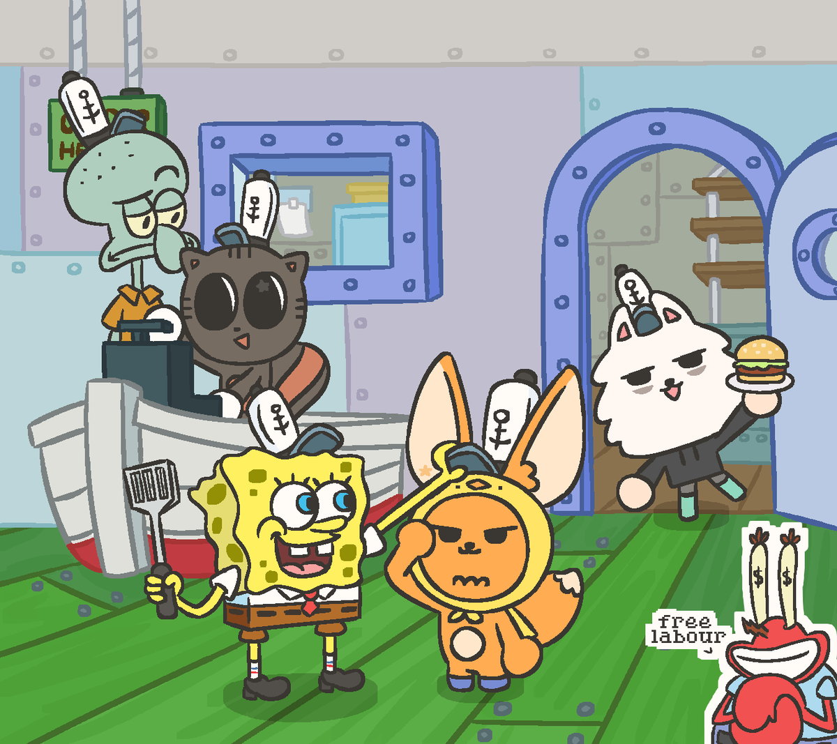 ppulcafe's tweet photo. new workers at the krusty krab!! https://t.co/1c1FwFbu3Y
