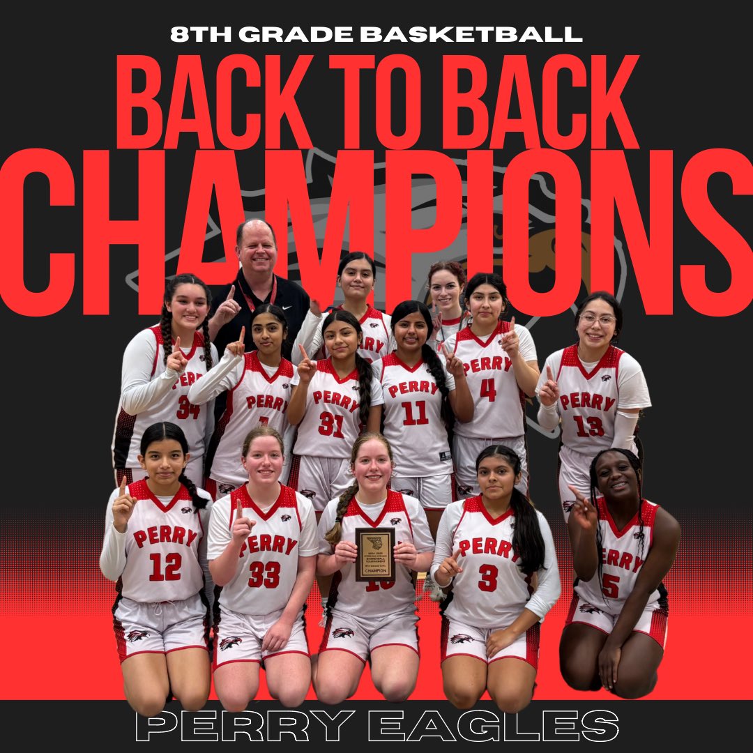 Our 8th grade Lady Eagles are BACK-TO-BACK District Champions and finished the season undefeated! Huge shoutout to these girls for their hard work, dedication, and unstoppable teamwork! #WeArePerry #Limitless #EaglesRising #WatchUsSoar 🦅🏀