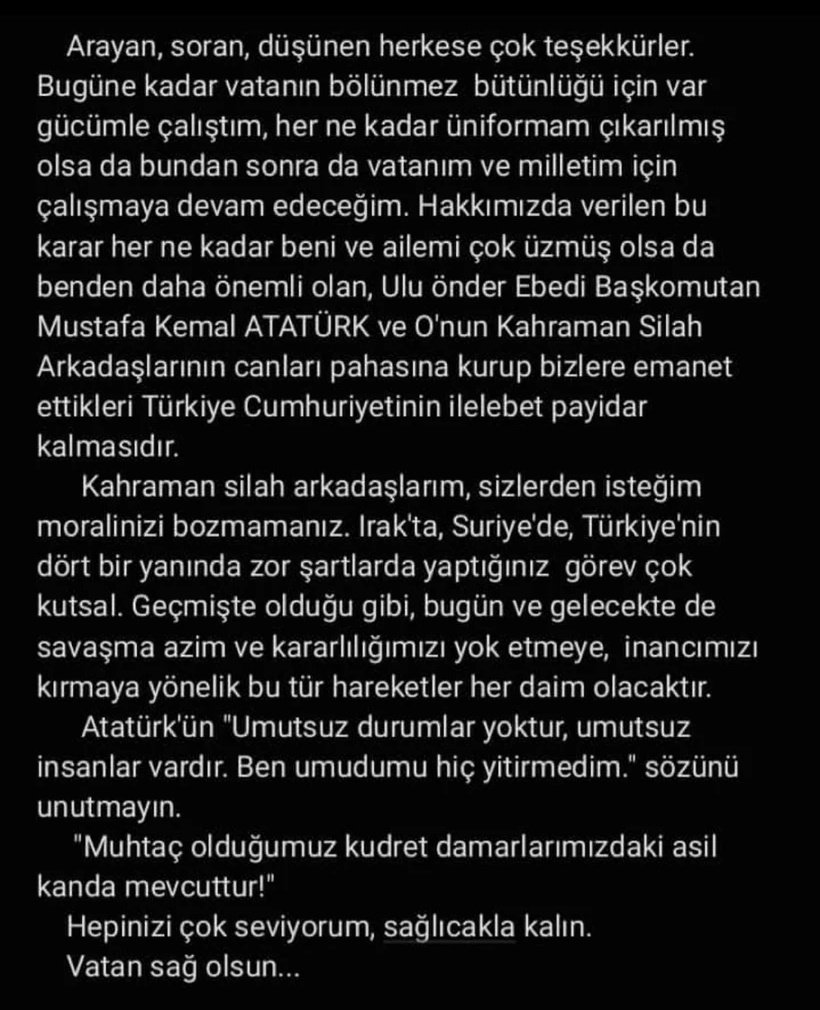 İhraç edilen Piyade Komando Albay Alper Topsakal'dan Türk Milleti'ne mesaj. Tüm vicdanlar bu zulmü duyana kadar okuyalım, okutalım.
