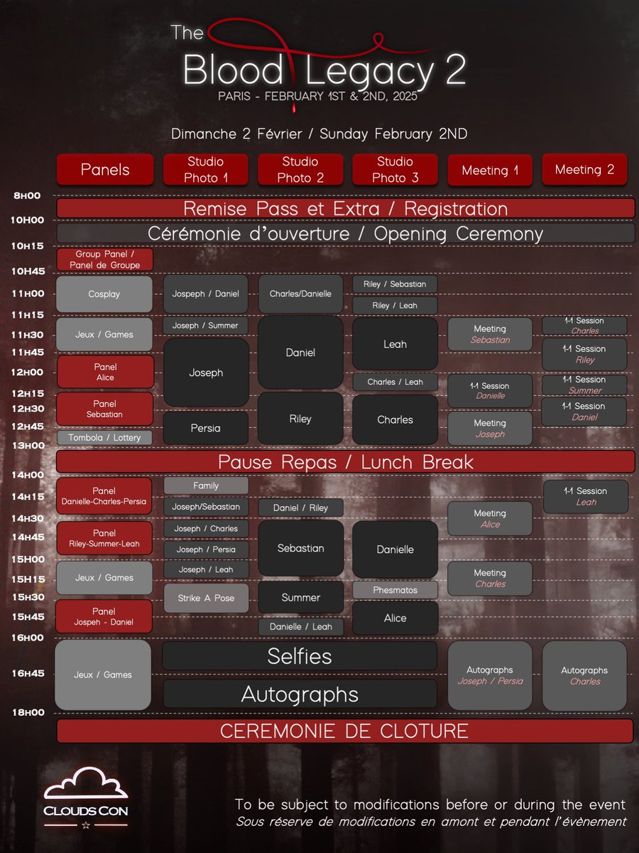 CloudsCon's tweet image. #TBL2 🩸

Suite à l’annonce d’Alice pour demain, voici le nouveau planning pour la convention !

Reposez vous bien, on a hâte de vous y retrouver ❤️

***
Following Alice’s announcement for tomorrow, here’s the new schedule!

Sleep well, we just can’t wait to see you there ❤️