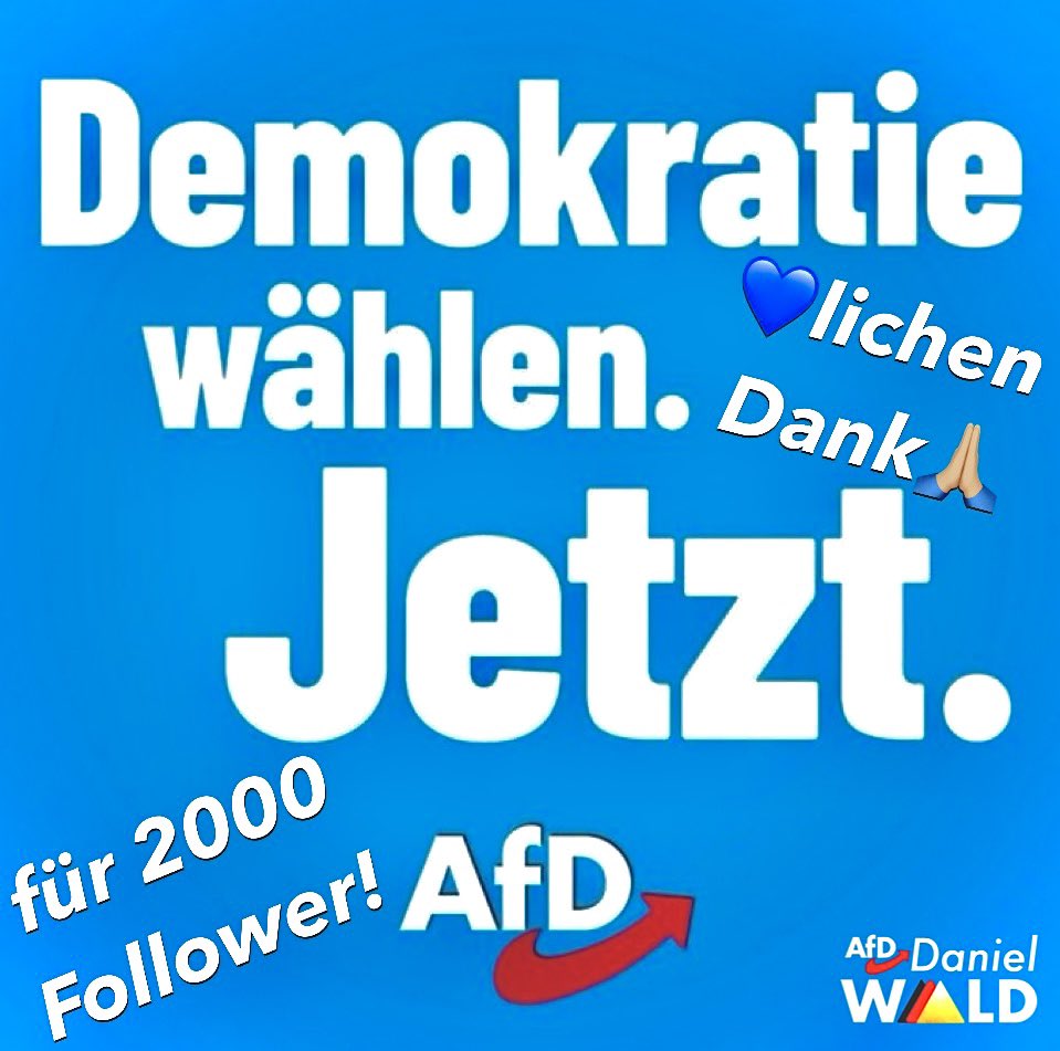 Vielen 💙lichen Dank 🙏🏼 an 2000 Follower und ganz besonders an den @Schachspieler_ 🇩🇪 

#afd #nurnochafd #AliceFuerDeutschland #vernetzungstweet #vernetzungspost