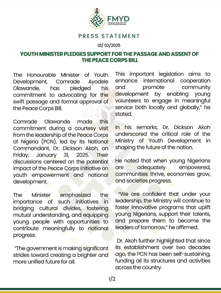 fmydNG's tweet photo. FEDERAL MINISTRY OF YOUTH DEVELOPMENT

PRESS RELEASE

February 1, 2024

Youth Minister Pledges Support for the Passage and Assent of the Peace Corps Bill https://t.co/6N4U8Ngo8Q