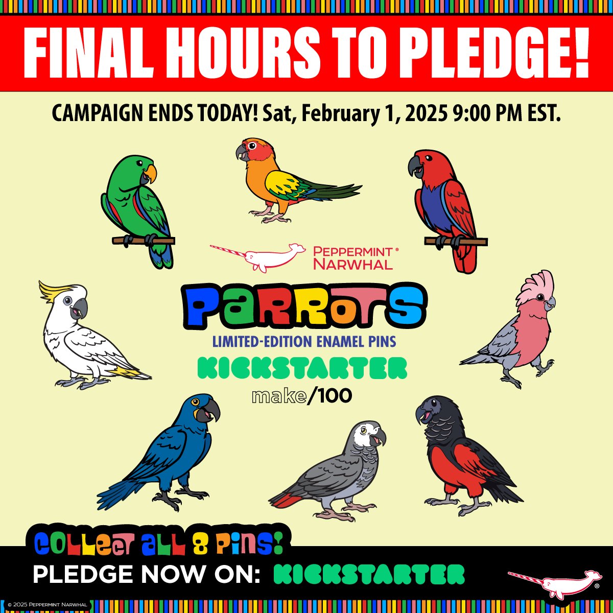 FINAL HOURS TO PLEDGE!
#PeppermintNarwhal's #Kickstarter #Make100 - #Parrots
kickstarter.com/projects/peppe…