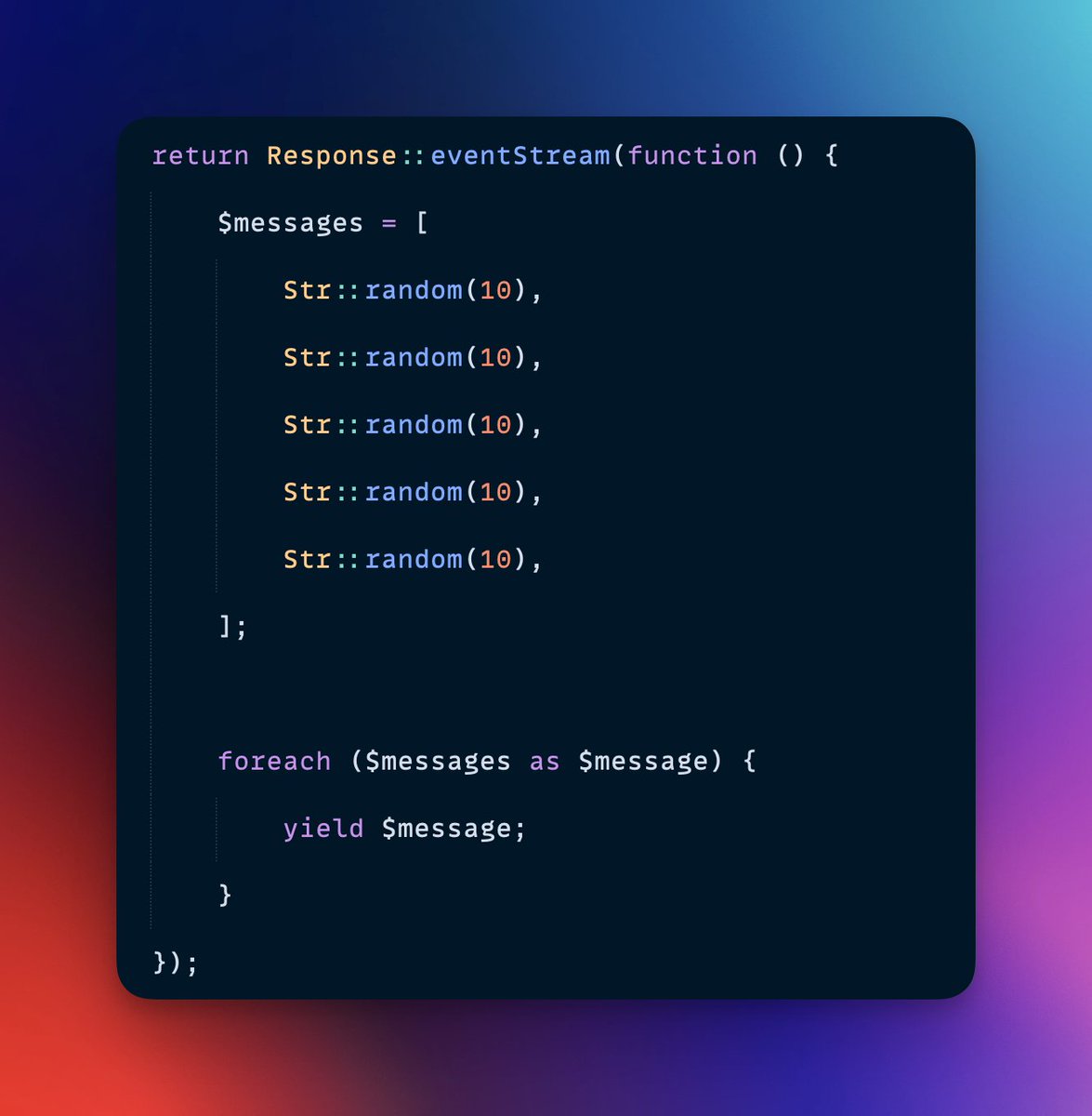 Why has nobody been bothering me about building this into Laravel as a convenient wrapper around SSE, especially for streaming AI responses back to the client. 👀

Seems like such a no brainer.