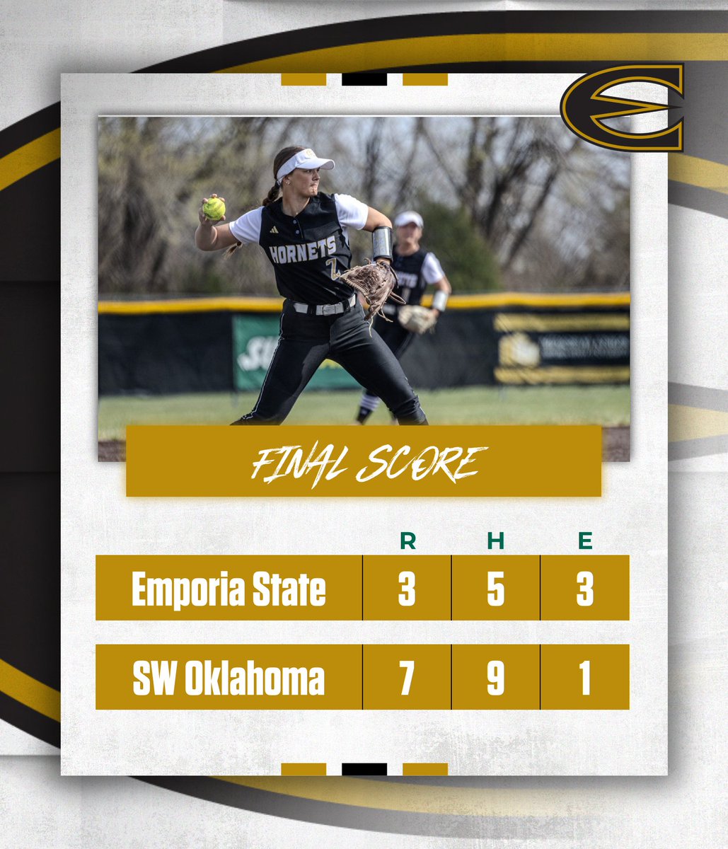 Split for <a href="/EState_Softball/">Emporia State Softball</a> on day two of Branson Leadoff Classic, fall 7-3 to SWOSU and win 6-5 over Upper Iowa. Hornets now 3-1 and will wrap up the weekend with two on Sunday in Branson #StingersUp