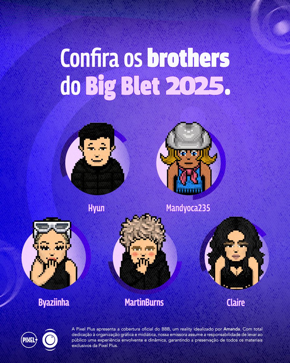 pixelplushb's tweet image. 🚨 OS ÚLTIMOS PARTICIPANTES DO BBP 2025!

Hyun, Mandyoca, Byaziinha, Martin e Claire completam os 15 participantes iniciais do Big Blet Plus e garantem emoção até o fim!

A estreia do Big Blet Plus acontece nesta segunda-feira (03), no @MeuHabblet, às 19h. Não perca!