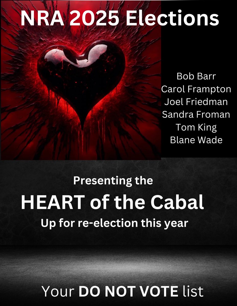 WillesLee's tweet photo. PSA: NRA voter assistance.
Heart of the Cabal. Do NOT vote for 20 years “vestiges of the regime that presided over the period of unlawful behavior”, then NRA found liable for mismanagement.
You can vote for them, but don’t grouse later. #notmypic #notmaliciousvoterinfo #fixNRA https://t.co/adkKGiagxh
