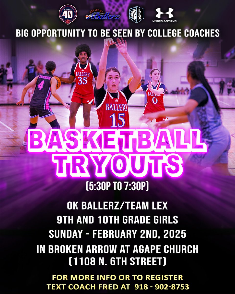 TexasElite2027's tweet photo. Hope to see you tomorrow (Feb. 2nd) for Tulsa based Ok Ballerz/Team Lex 9th and 10th grade girls tryouts 530p to 730p in Broken Arrow at Agape Church (1108 N. 6th Street) for more info text Coach Fred at 9189028753.

#d1athlete #youthbasketball #clubbasketball https://t.co/kBq4f5kWBB