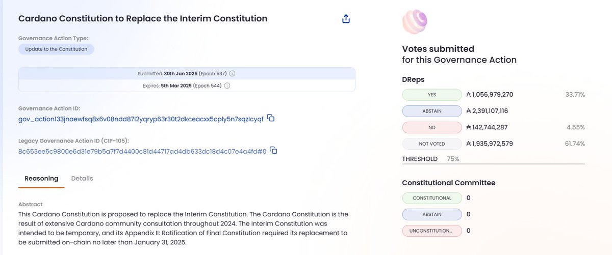 We have just voted for the Cardano Constitution.

Hopefully we all get more involved in the Governance Actions soon enough.

In case you haven't chose a DREP yet, here is our id👇🏻 

DREP1MVN7L9DJDCKD533EQL2RXX42WR93SDVDZWP3ZMZ4J8H6SS7VKFL
