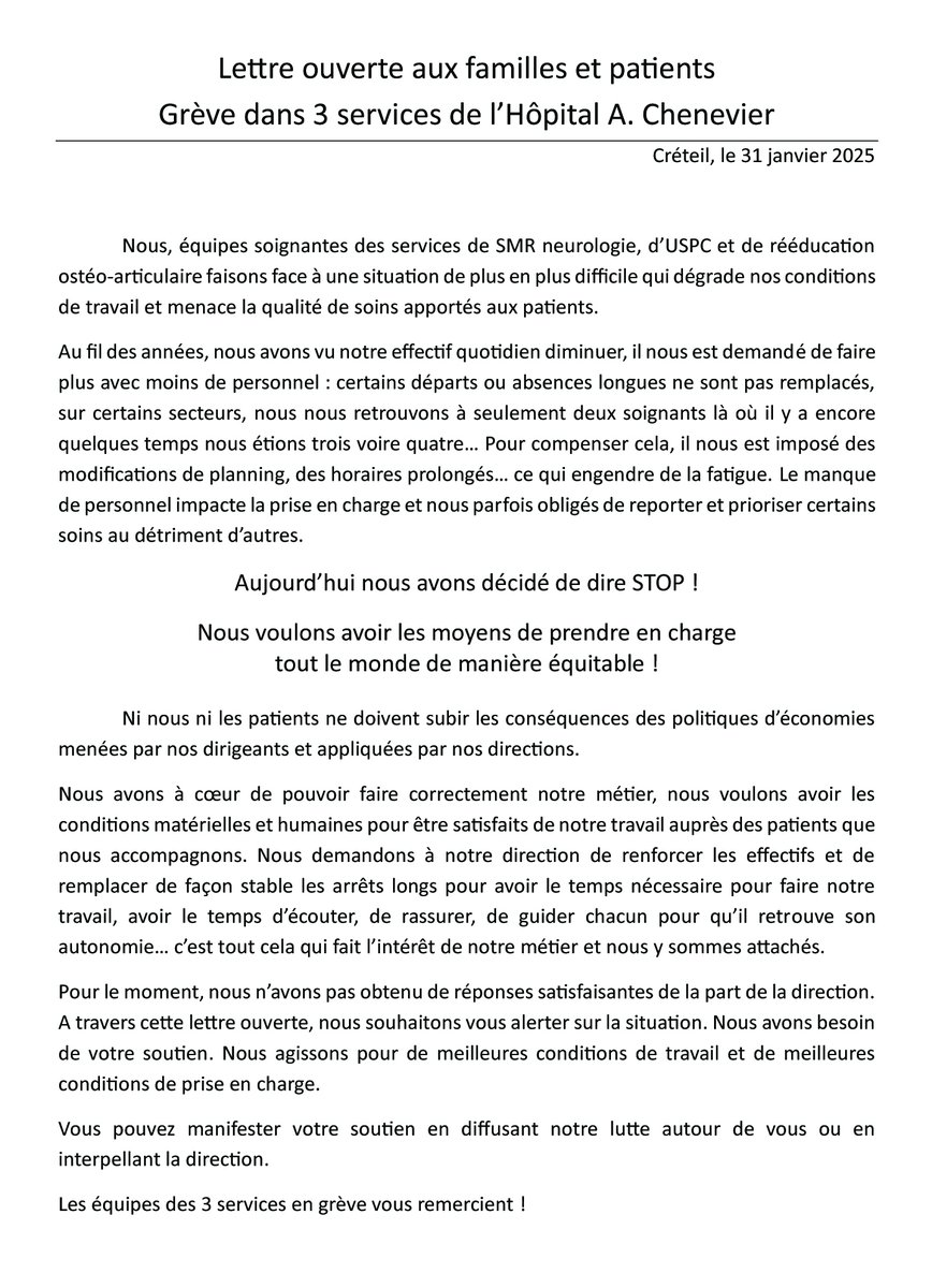 Hôpital Albert Chenevier, 3 services y sont en grève : l'unité de soins médicaux et de réadaptation - Neurologie, Unité de soins prolongés complexes (USPC) et la rééducation ostéo-articulaire.
#cgtenlutte #aphp #hôpitalalbertchenevier #créteil #valdemarne #ghhenrimondor