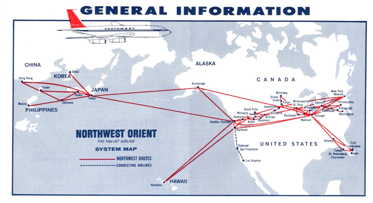 AvGeek71's tweet image. Two route maps for the same network! The February, 1967 Northwest Orient timetable featured all routes on one map, and its major nonstops on another. #avgeek #avgeeks #travel #NorthwestAirlines