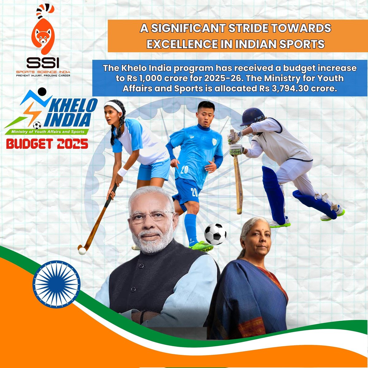 SSI__India's tweet photo. Heartiest congratulations to @PMOIndia  and @nsitharaman for giving the much-needed boost to sports &amp; @kheloindia  Sports Science India's founder @SarthakPatnaik8 welcomes Budget 2025. https://t.co/YR74FskNwv