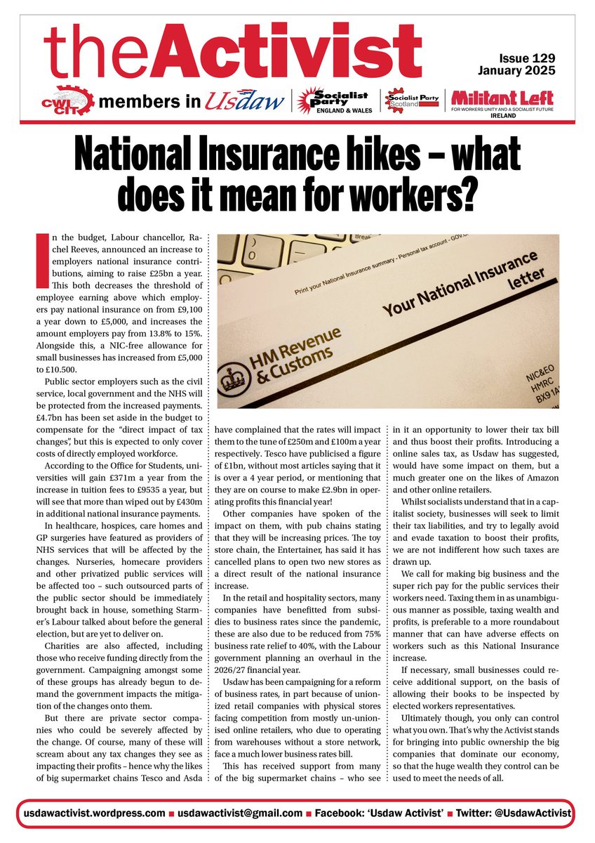UsdawActivist's tweet image. 🚩🚩🚩Issue 129 of the Activist is now out with articles on the rise in employers National insurance contributions and Sainsbury's job cuts
👉👉👉You can get the pdf of this issue from the Activist website - usdawactivist.wordpress.com/2025/02/01/act…