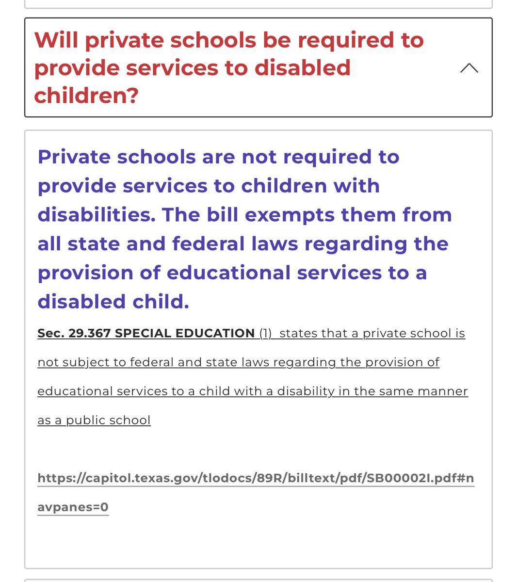 Disabled children’s rights will not be protected by the school choice bill. Any school can claim they accept and care for disabled children but if they fall short, parents have no path of recourse. vouchersarenotconservative.com
#txlege #txed