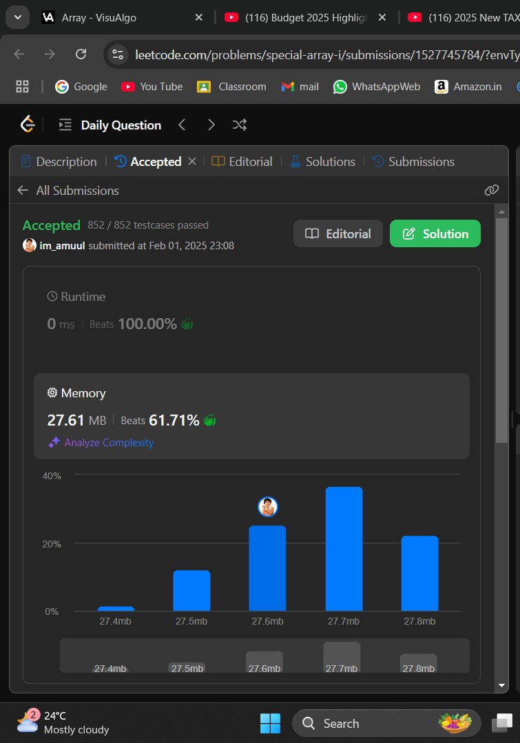 Amuul13's tweet image. Day-175
#LearnInPublic 
#200daysofcoding
--&amp;gt;Solved One LeetCode Problem
--&amp;gt; solved one problem in biweekly 149 
📌3151. Special Array I

Time Complexity: O(N)
Space Complexity: O(1)
#DSA 
#LeetCode