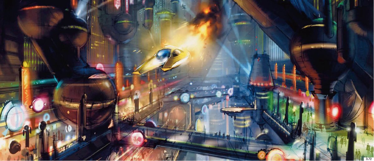 Kershed's tweet photo. February 1, 2001: Star Wars: Attack of the Clones: @rchurchdesign’s concept for a brightly lit entertainment district as Wesell’s speeder (shown in yellow here—it was green in the movie) is about to crash.
#StarWarsArchives19992005
https://t.co/te1QkrVaV9 https://t.co/Dn5abWkYvk