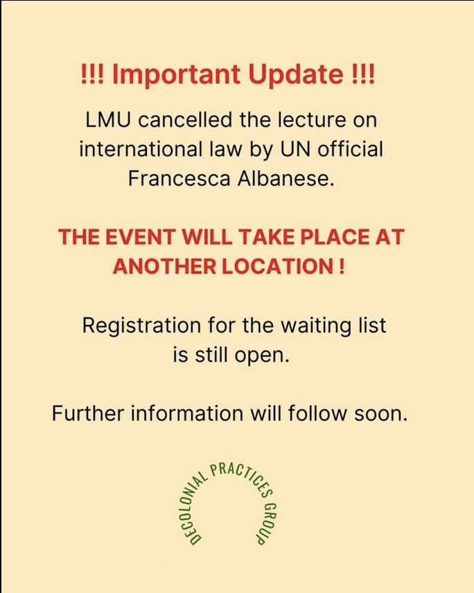 LMU University Munich cancelled a talk about human rights and international law by <a href="/FranceskAlbs/">Francesca Albanese, UN Special Rapporteur oPt</a> in a hall named after the Scholl sibilings