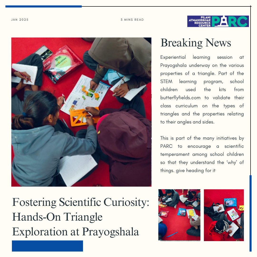 PARCpilani's tweet photo. Exploring Triangles in Action! 📐✨ Hands-on fun with ButterflyFields kits at Prayogshala. 

#stemlearning #trianglexploration #prayogshala #parc #bitspilani #ngo https://t.co/4uKBKmUuQl