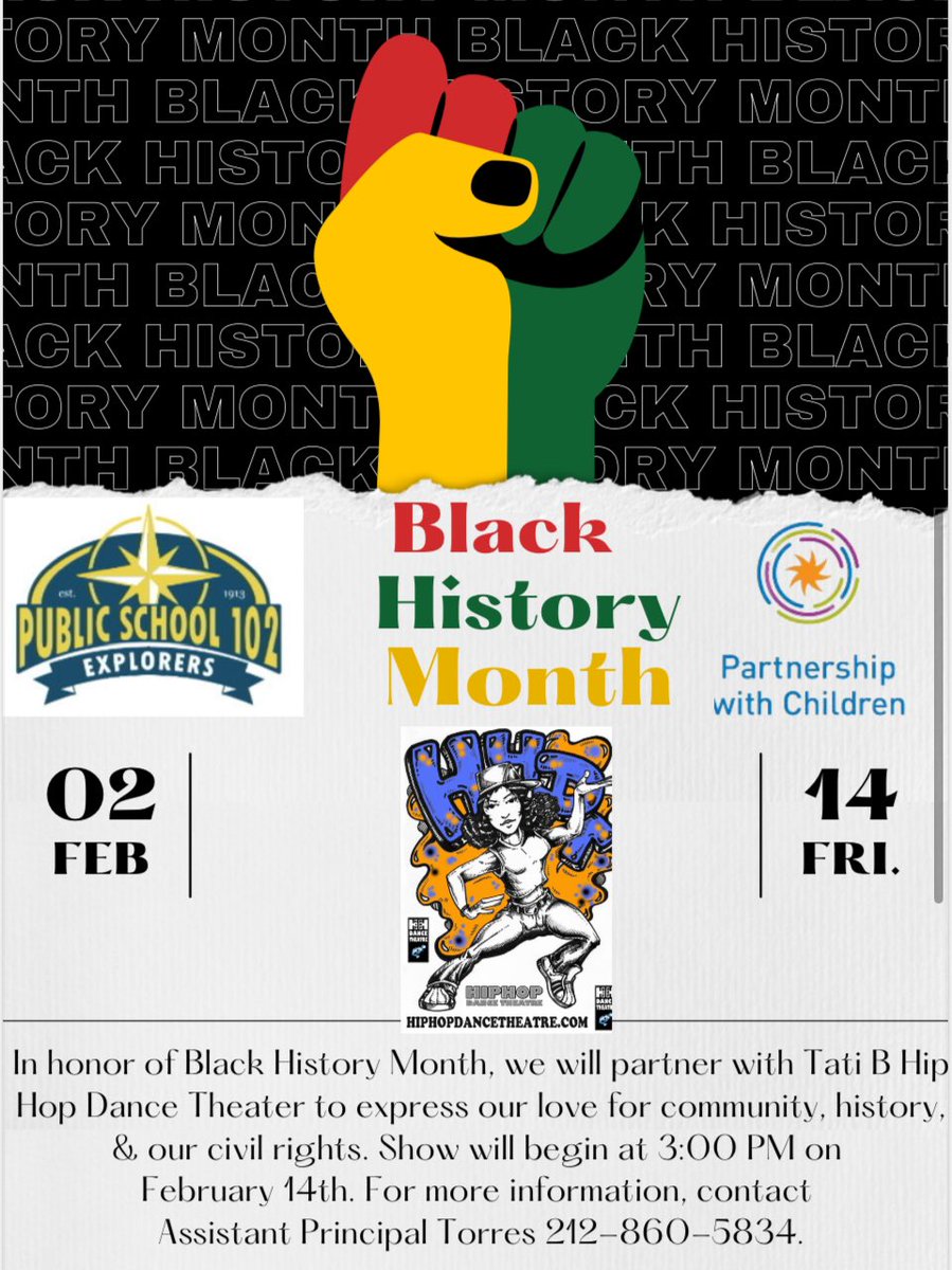 📢✨ Exciting News! ✨📢
PS 102 is thrilled to partner with TATI B Hip Hop Dance Theatre as we celebrate #BlackHistoryMonth Month! Join us in honoring our love for community, history, &amp; social justice through an incredible show of dance &amp; #lovecommunity #SocialJustice #HipHop