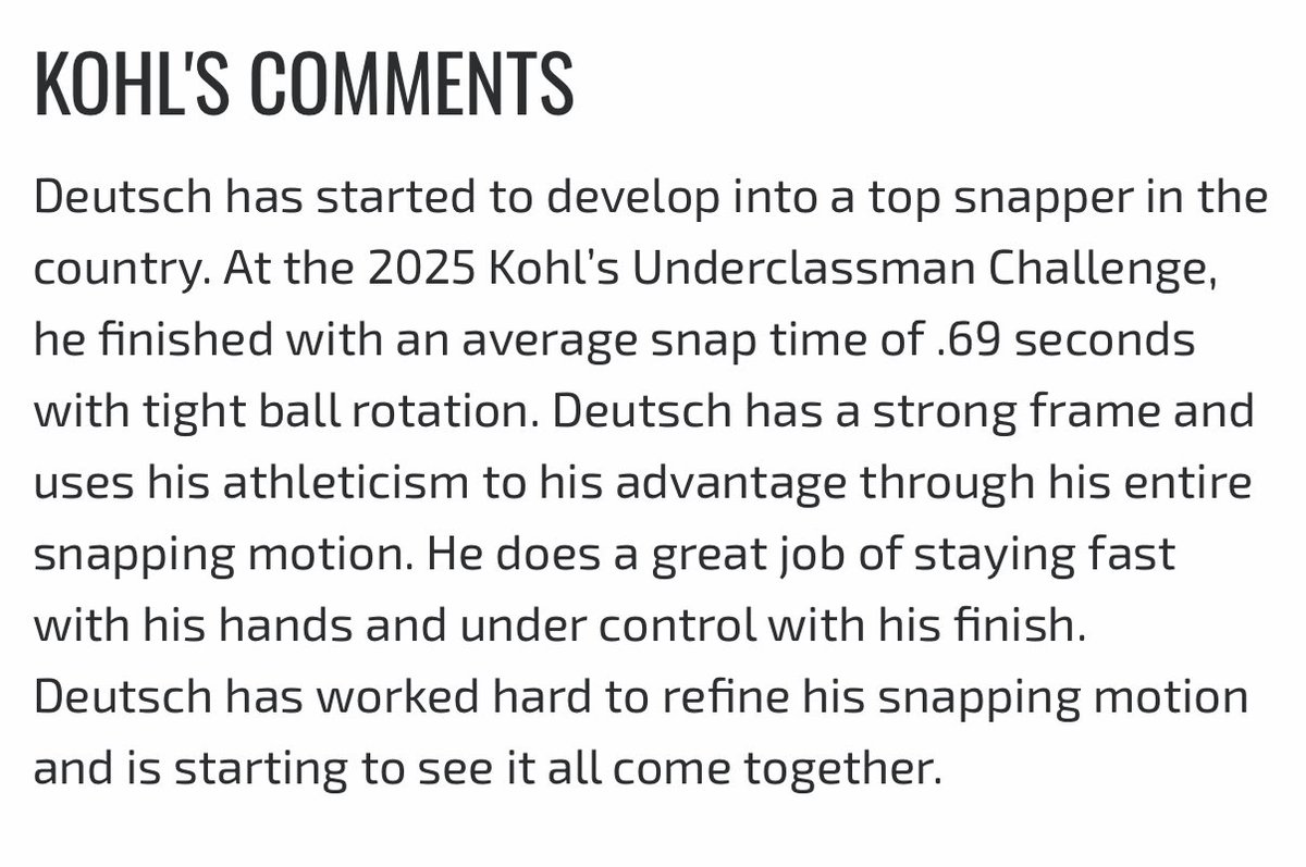Eli Deutsch 4.5⭐️ 2026 Long Snapper (@elideutsch07) on Twitter photo 🚨‼️Reranked as a 4.5⭐️ #25 long snapper in the nation and #1 in Wisconsin by <a href="/KohlsSnapping/">Kohl's Snapping Camps</a> ‼️🚨 More to come on the way 💪💪💪
<a href="/Saber_Football/">Franklin Football</a> <a href="/CoachWiske/">Ken Wiske</a> 🚨‼️Reranked as a 4.5⭐️ #25 long snapper in the nation and #1 in Wisconsin by <a href="/KohlsSnapping/">Kohl's Snapping Camps</a> ‼️🚨 More to come on the way 💪💪💪
<a href="/Saber_Football/">Franklin Football</a> <a href="/CoachWiske/">Ken Wiske</a>